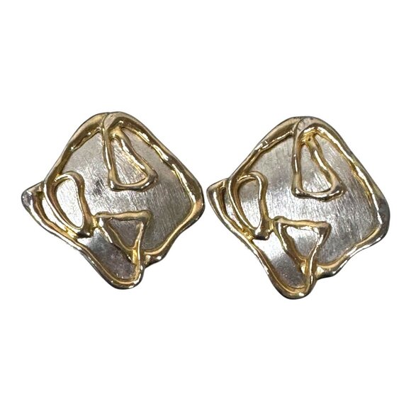 PARK LANE Vintage Modern Square Two Tone Clip On Earrings Gold Silver Abstract - Picture 1 of 8